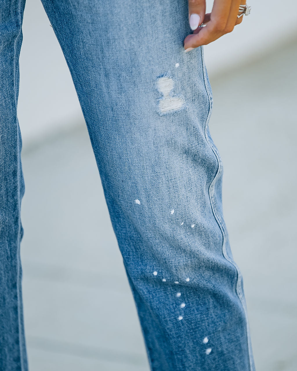 Lorelei High Rise Distressed Paint Splatter Mom Jeans