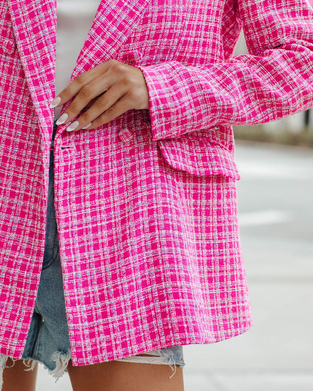 Ainsley Pocketed Tweed Blazer - Hot Pink