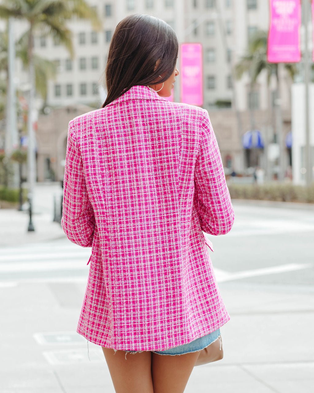 Ainsley Pocketed Tweed Blazer - Hot Pink
