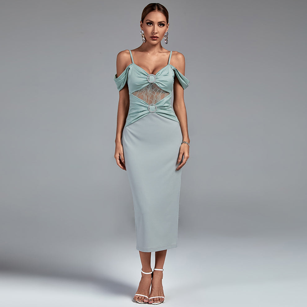 Strappy Buckled Lace and Satin Midi Dress