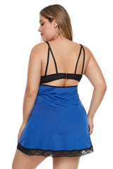 Blue Lace Trim Plus Size Lingerie Dress with Thong