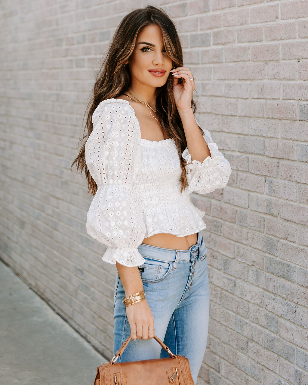Lolly Cotton Eyelet Smocked Crop Top - Off White