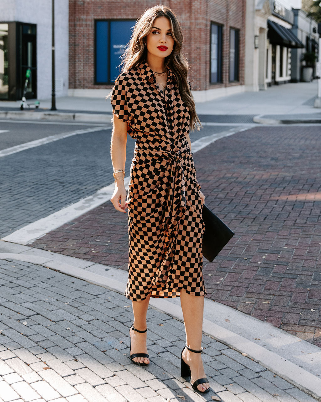 Checkmate Printed Tie Front Midi Shirt Dress