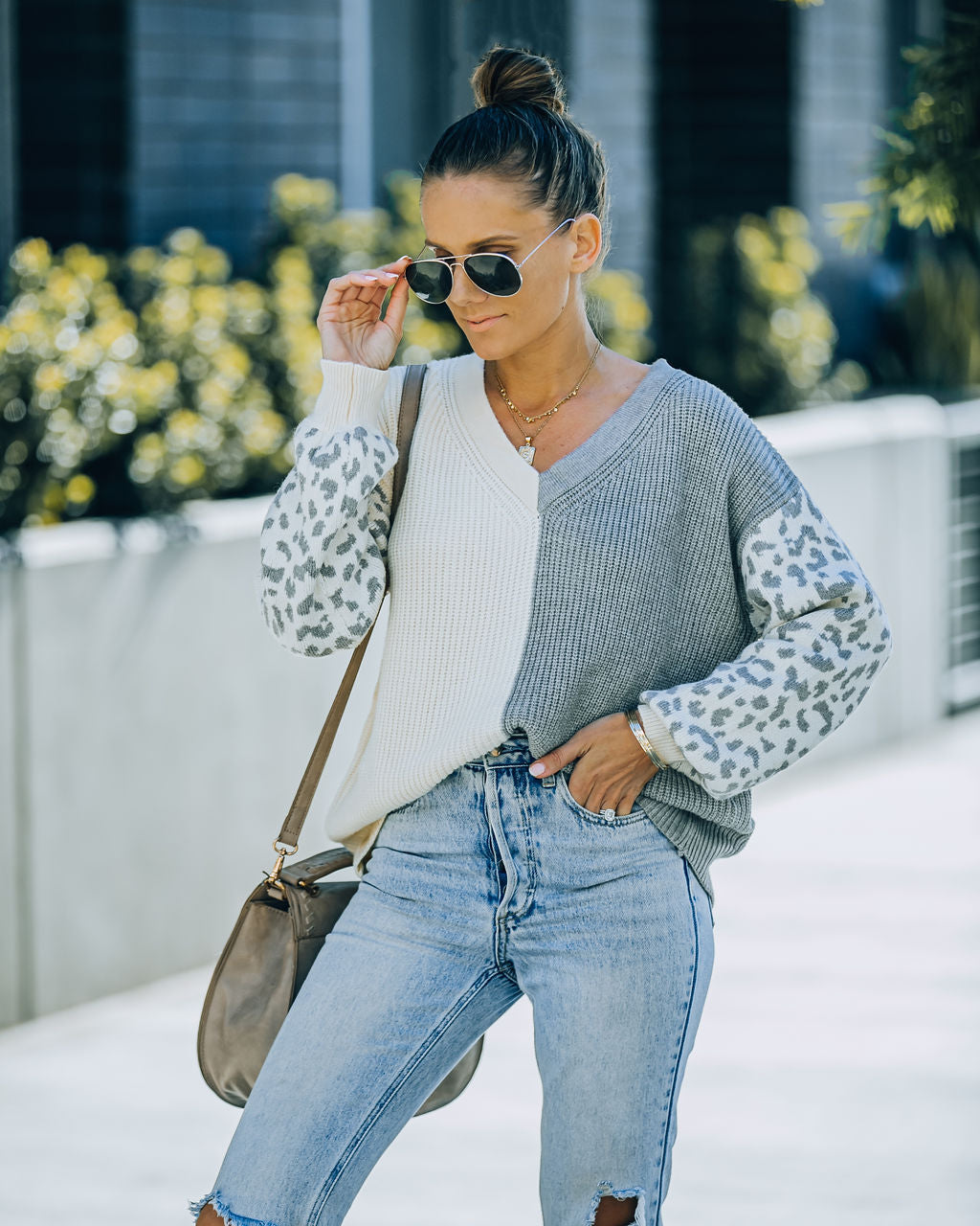 Change Of Heart Two-Tone Knit Leopard Sweater - Ivory/ Grey