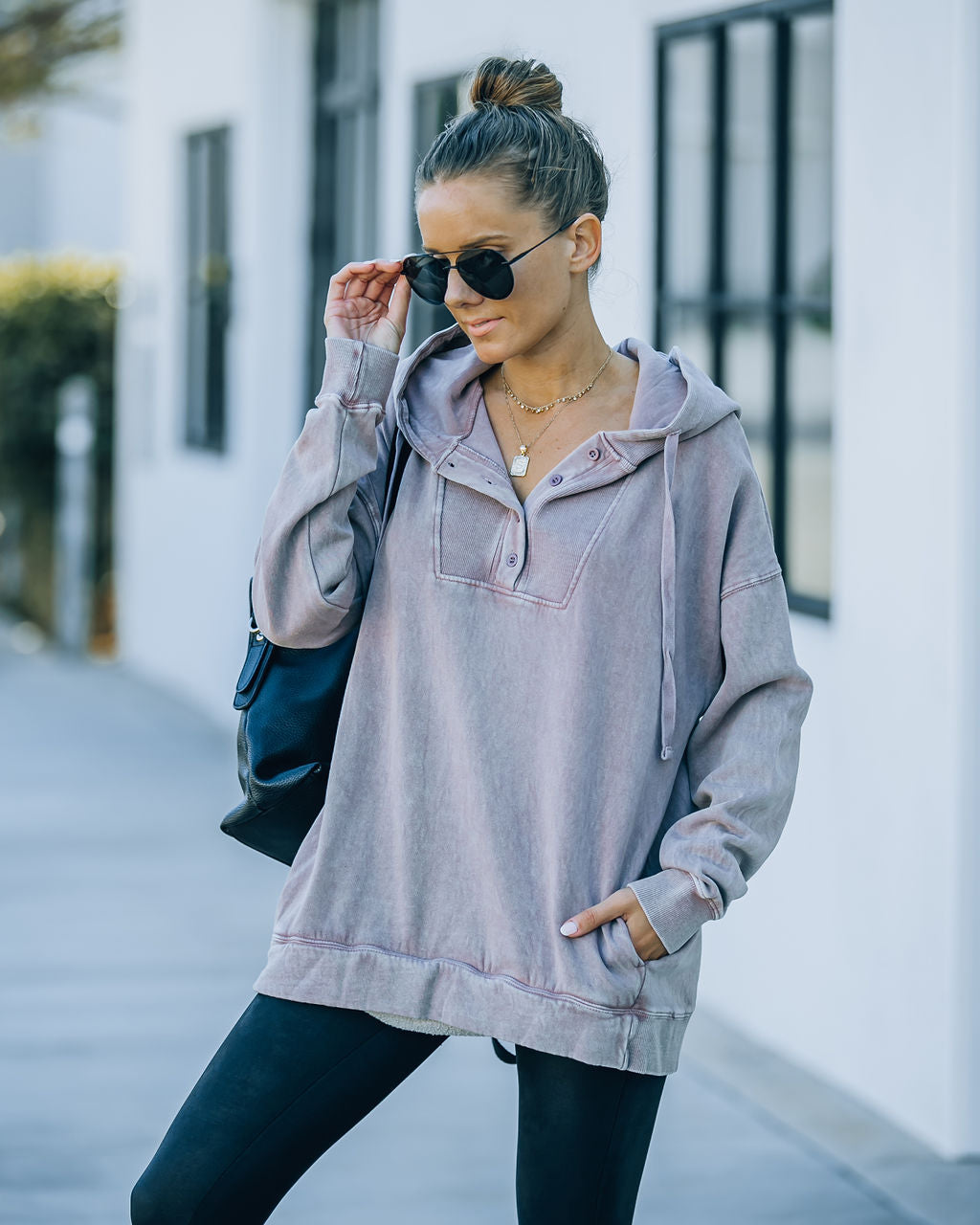 Iza Cotton Blend Pocketed Henley Hoodie - Dusty Mauve