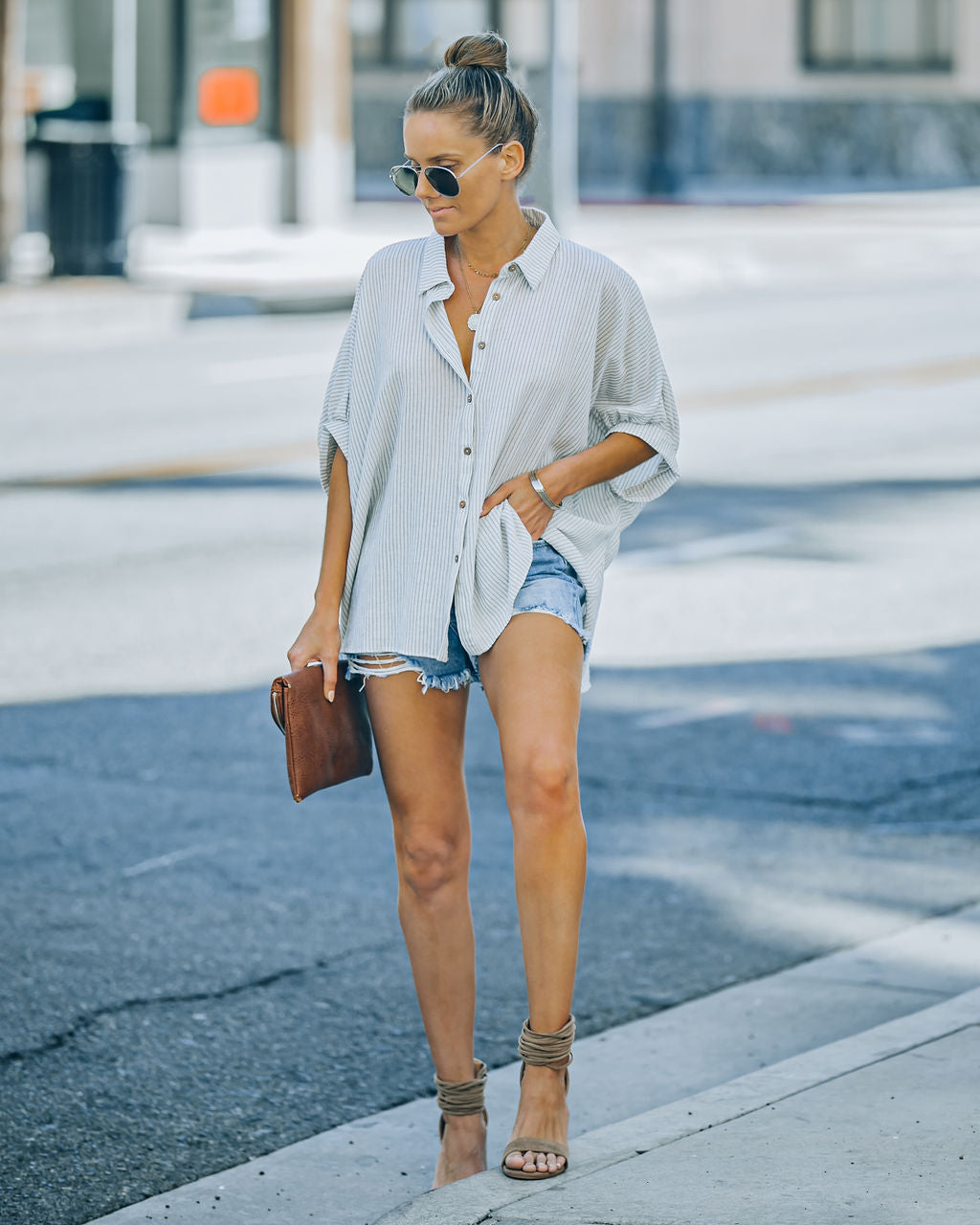 Boden Striped Relaxed Button Down Top - Denim Blue