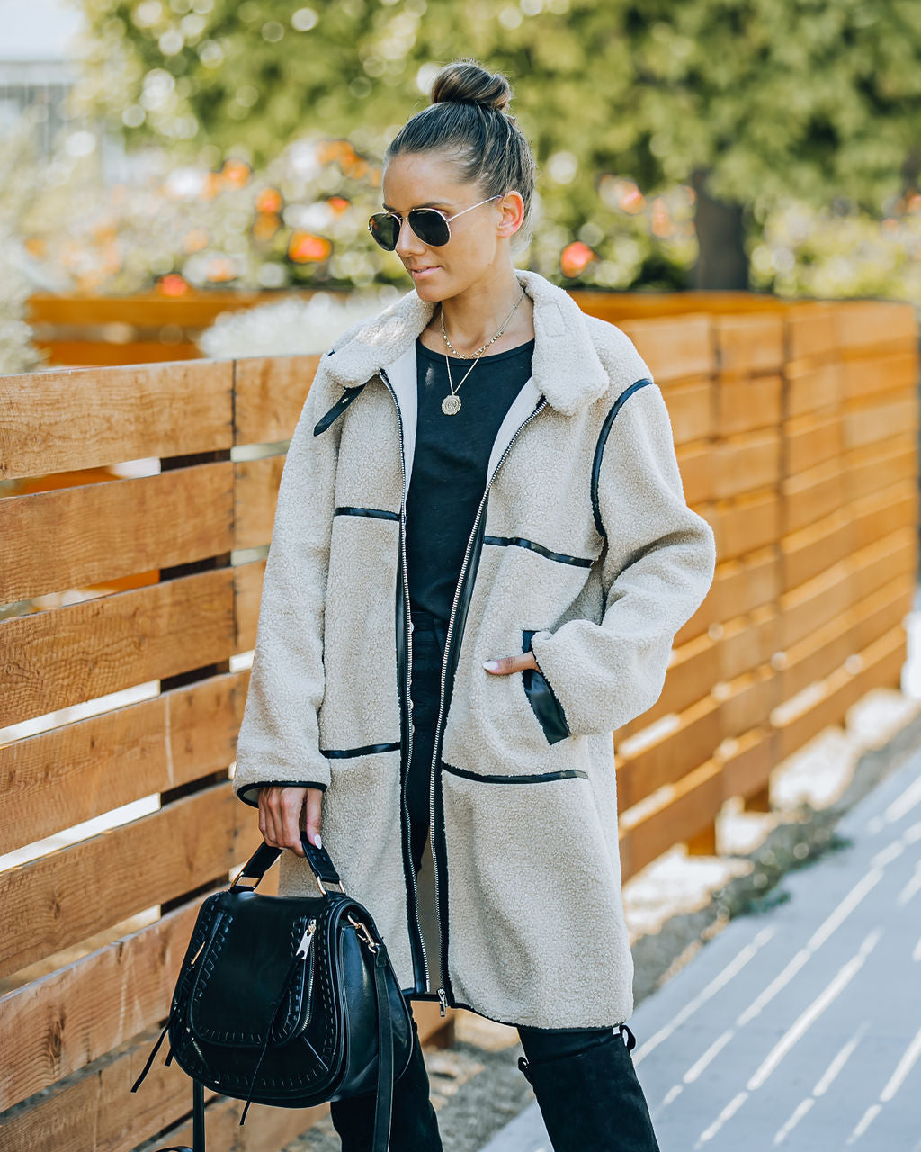 City Center Pocketed Faux Leather Sherpa Coat