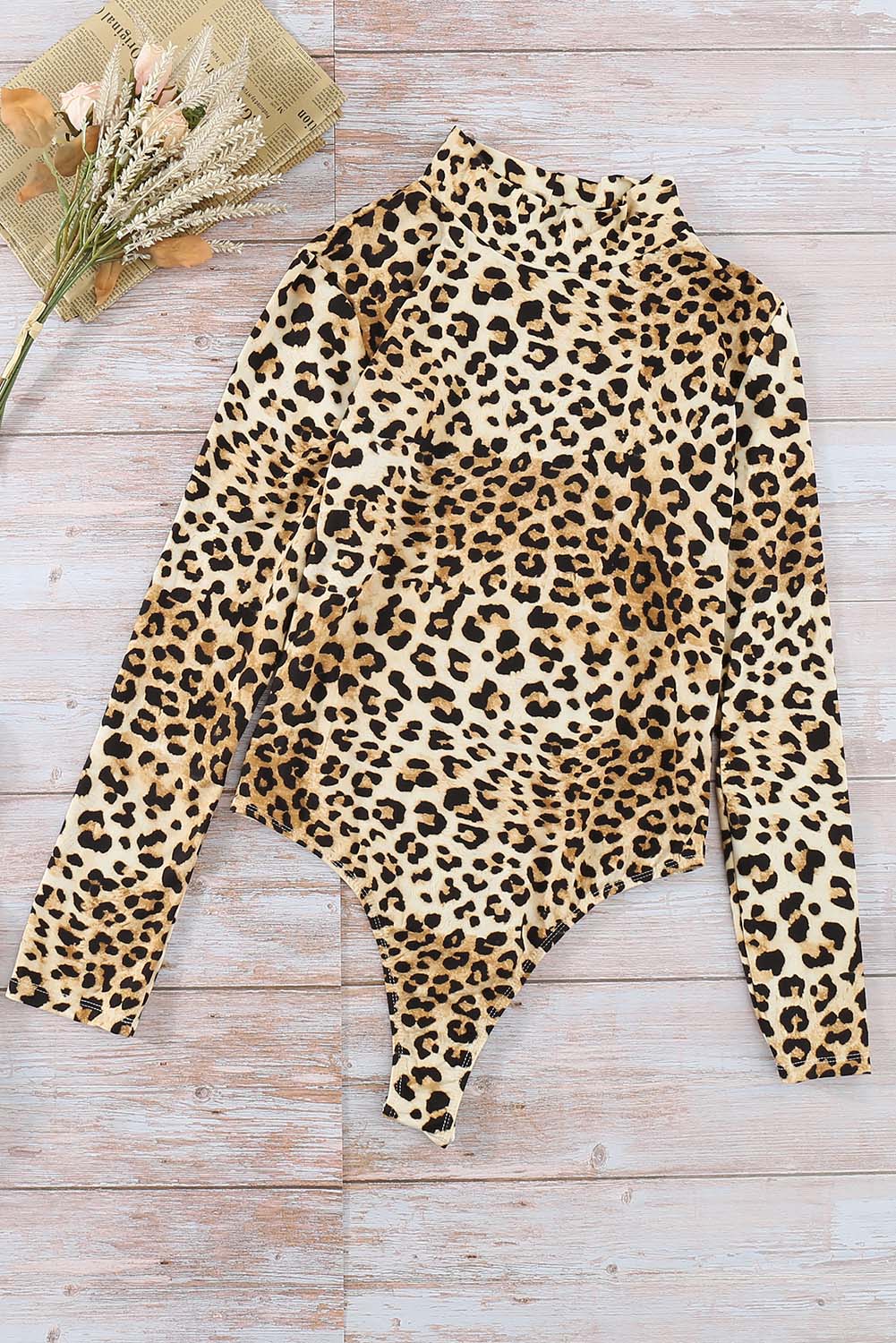 Fashion High Neck Leopard Long Sleeve Bodysuit