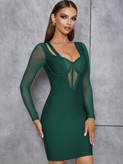 Square Collar Long Sleeve Over Knee Tulle Bandage Dress