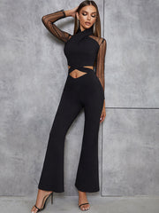 High Neck Long Sleeve Cropped Bodycon Jumpsuit