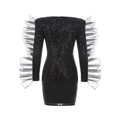 Square Collar Long Sleeve Mini Sequined Bodycon Dress