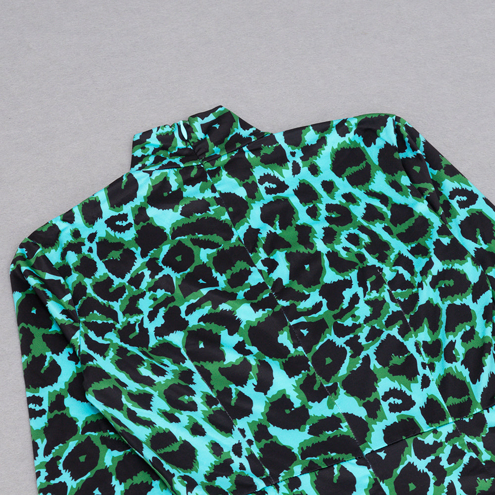 High Neck Long Sleeve Midi Leopard Print Bodycon Dress