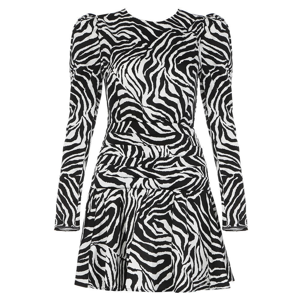 Round Neck Long Sleeve Zebra Stripes Mini Bodycon Dress