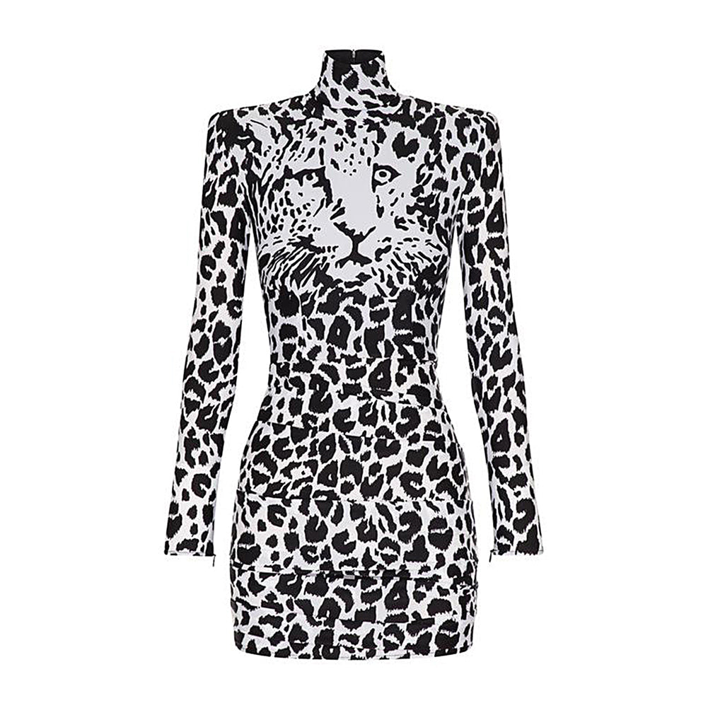 High Neck Long Sleeve Leopard Mini Bodycon Dress