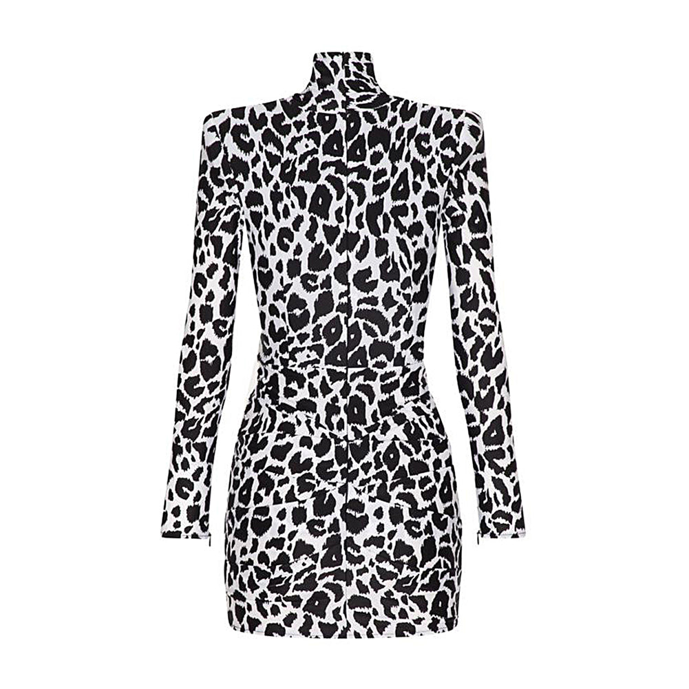 High Neck Long Sleeve Leopard Mini Bodycon Dress