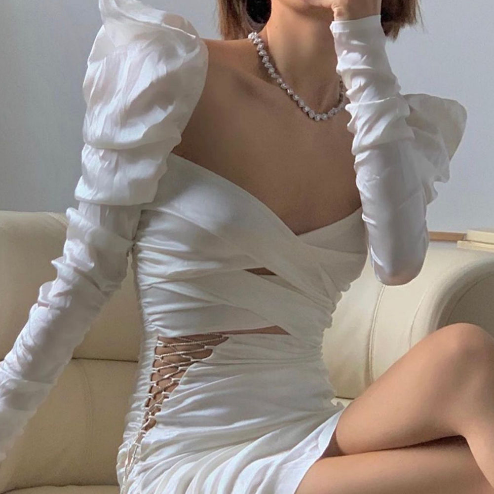 Square Collar Long Sleeve Wrinkled Mini Bodycon Dress
