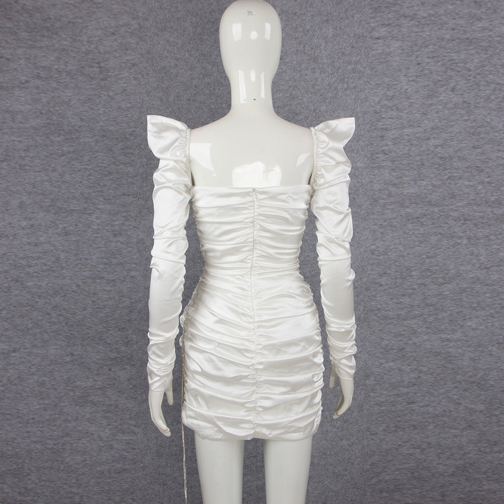 Square Collar Long Sleeve Wrinkled Mini Bodycon Dress