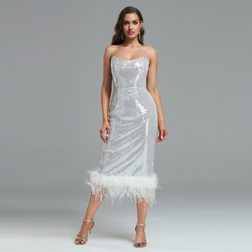 Strapless Feather Sequins Midi Dress