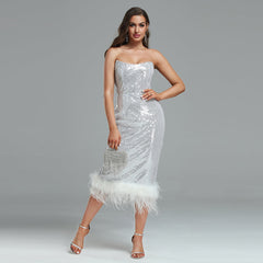 Strapless Feather Sequins Midi Dress
