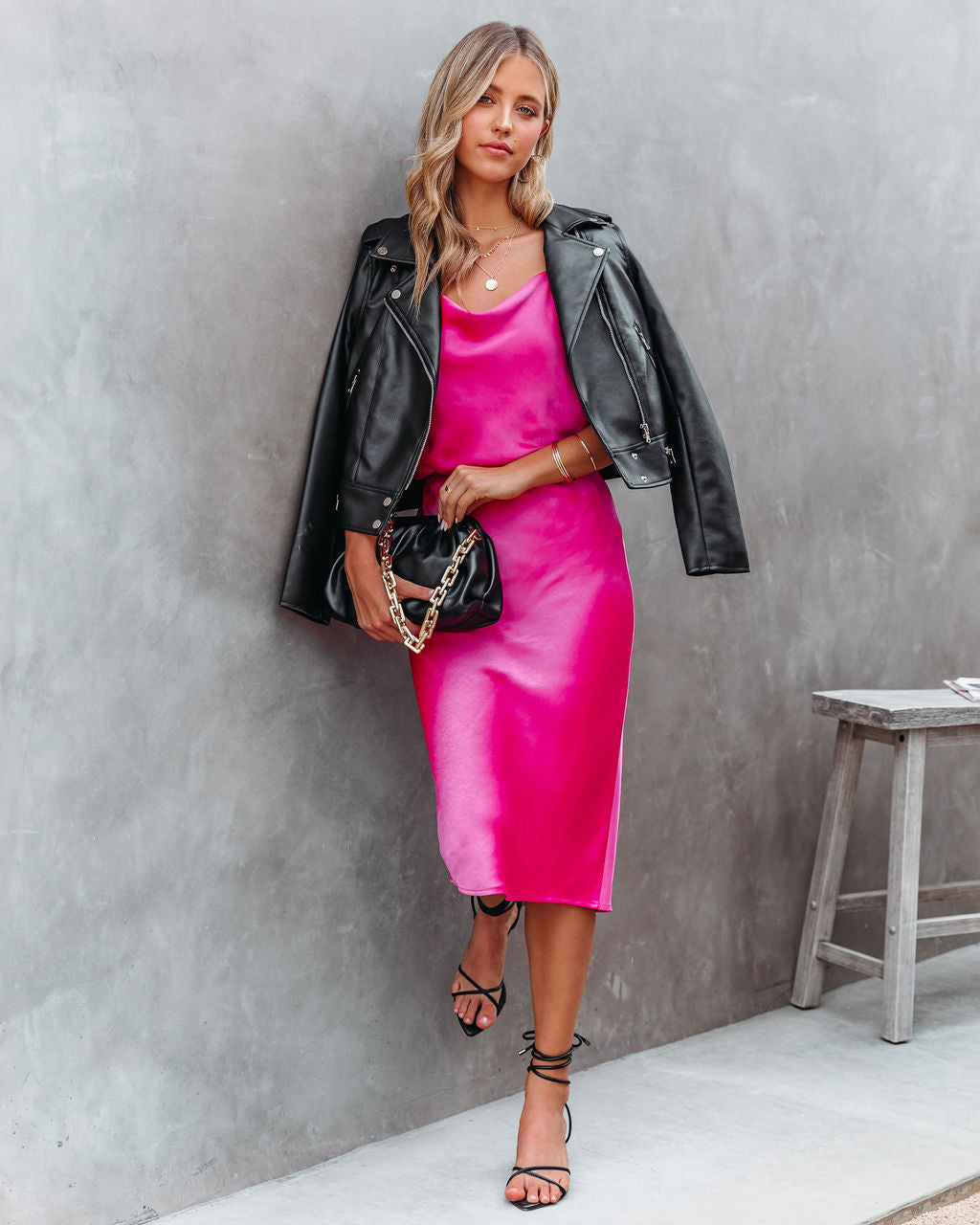 Hot In Pink Satin Midi Skirt