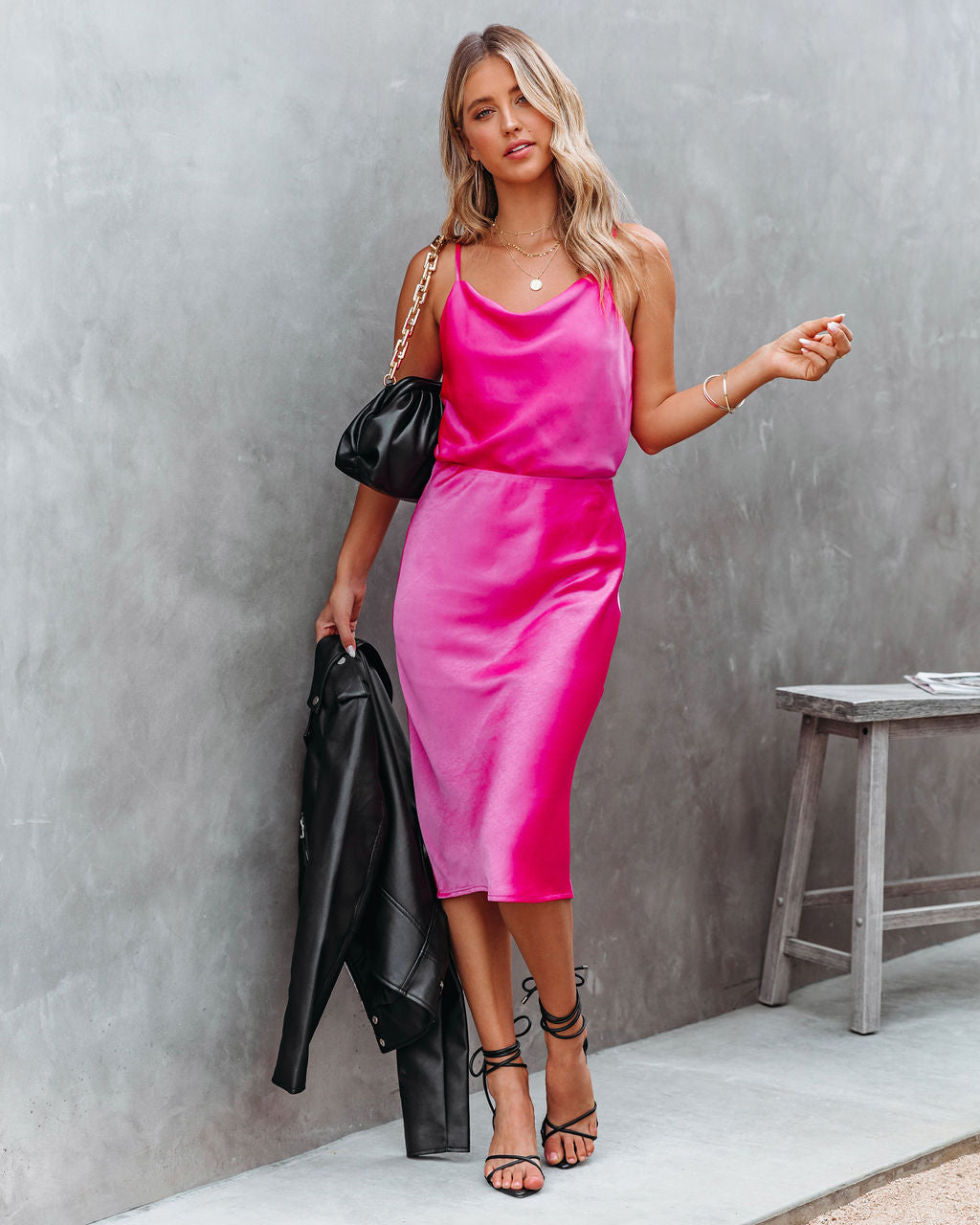 Hot In Pink Satin Midi Skirt