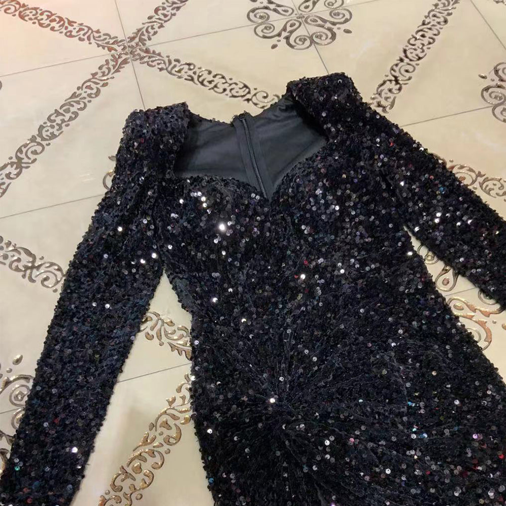 Square Collar Long Sleeve Sequined Maxi Bodycon Dress