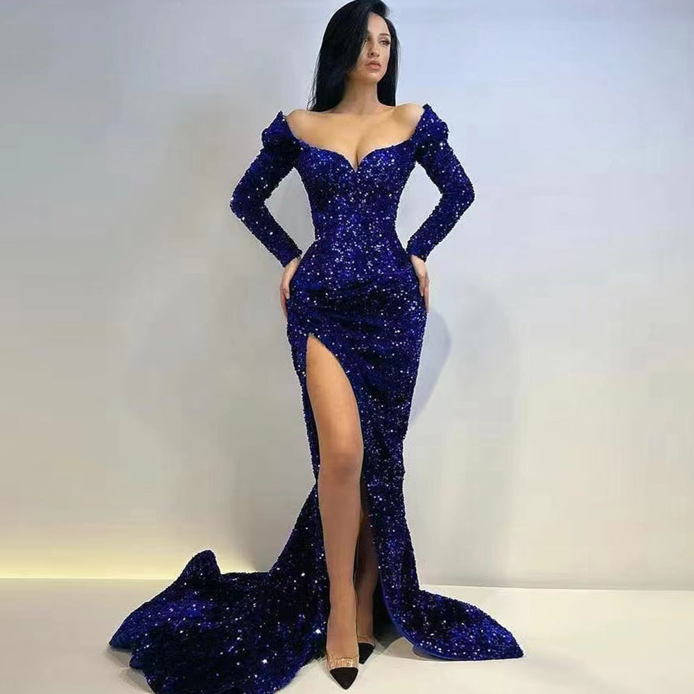 Square Collar Long Sleeve Sequined Maxi Bodycon Dress