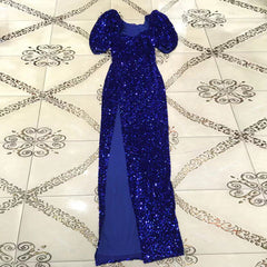 Square Collar Short Sleeve Sequined Maxi Bodycon Dress