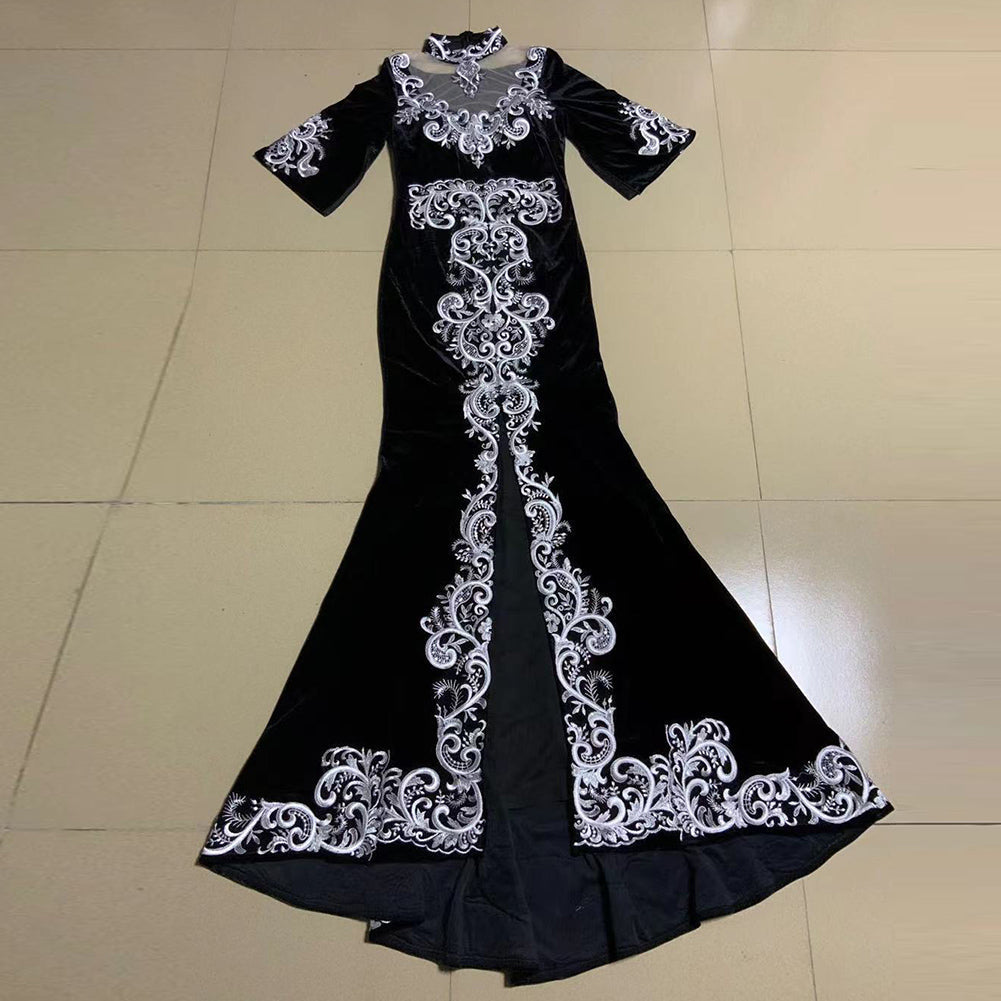 High Neck Mid Sleeve Maxi Embroidered Bodycon Dress