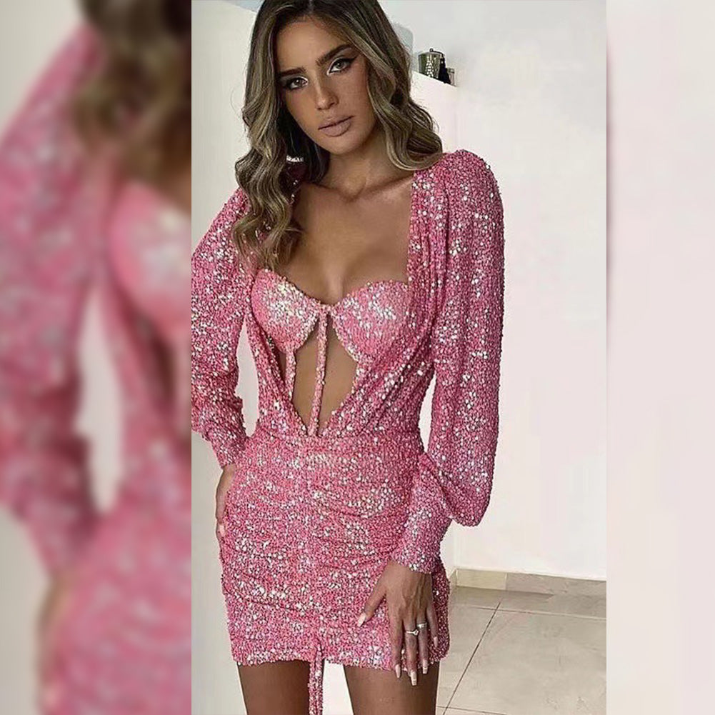 Square Collar Long Sleeve Mini Sequined Bodycon Dress