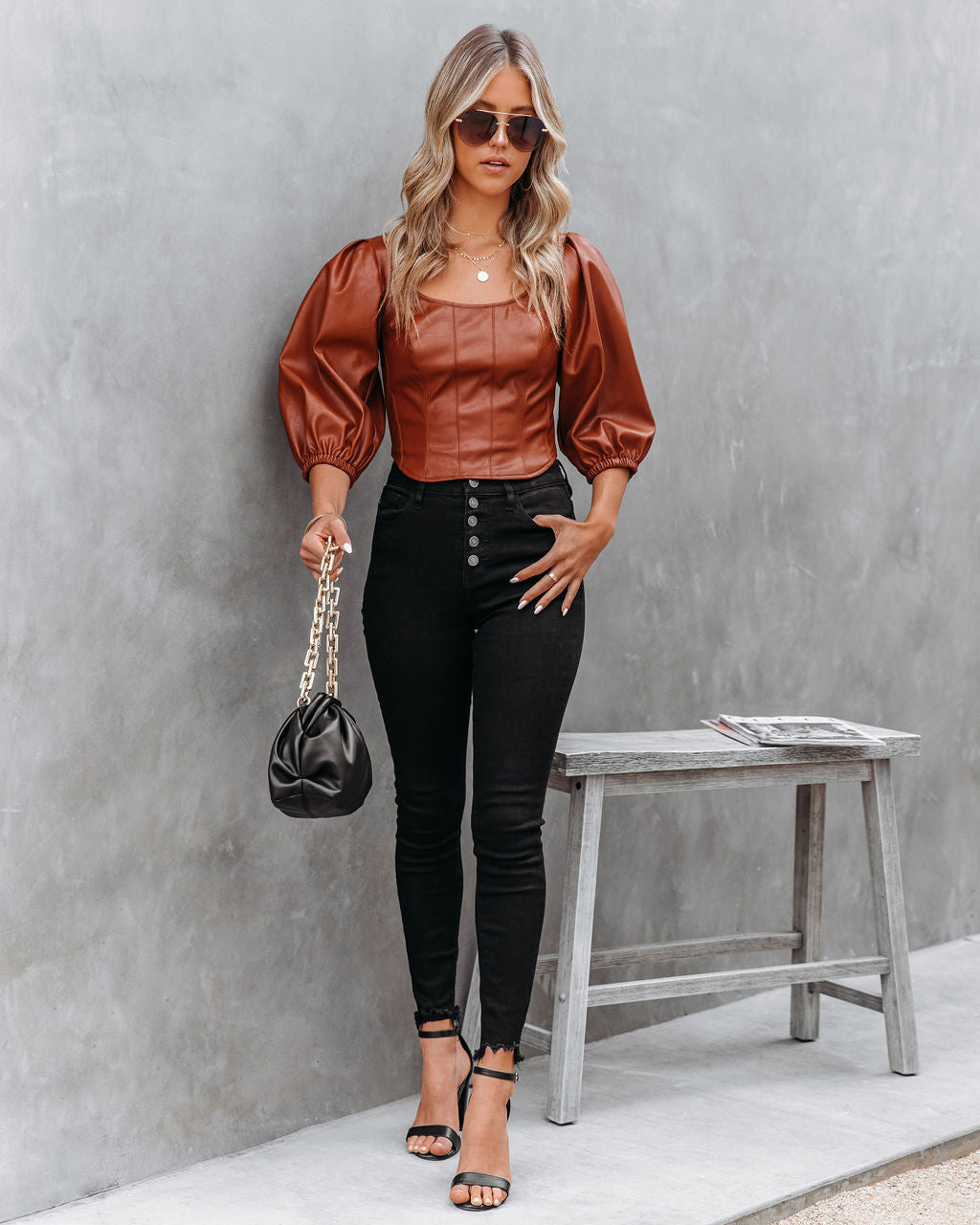Jacklyn Faux Leather Puff Sleeve Crop Top