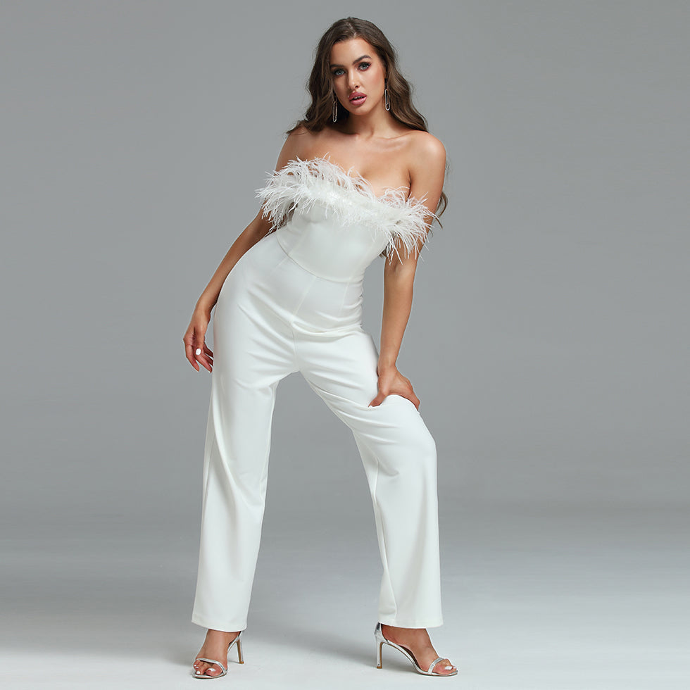 Strapless Feather Bodycon Jumpsuit