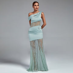 Asymmetric Buckled Lace and Satin Maxi Dress