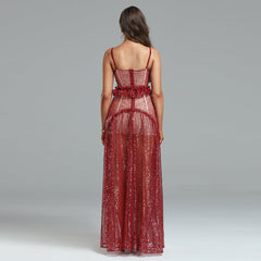 Strappy Sequins Mesh&Lace Maxi Dress