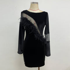 Round Neck Long Sleeve Mini Feather Bodycon Dress