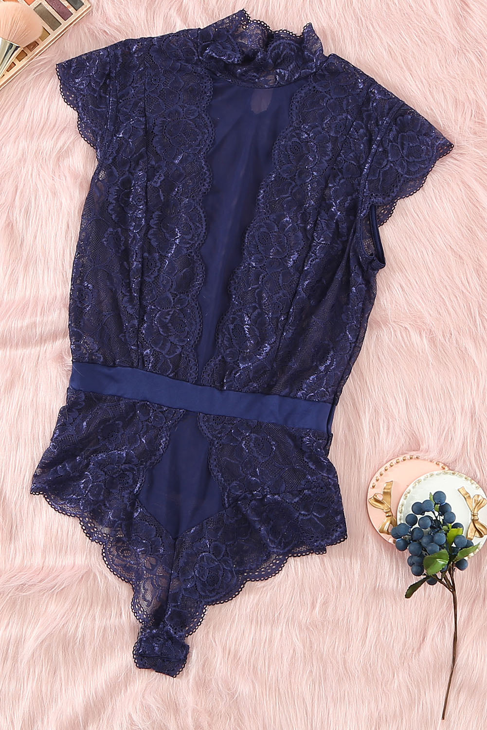 Chic Blue Lace Tulle High Neck Bodysuit