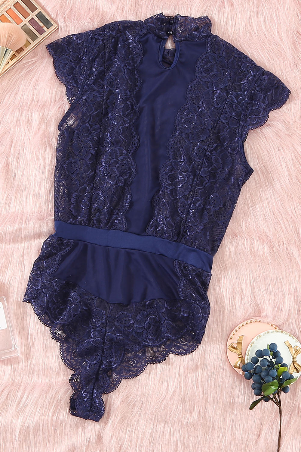 Chic Blue Lace Tulle High Neck Bodysuit