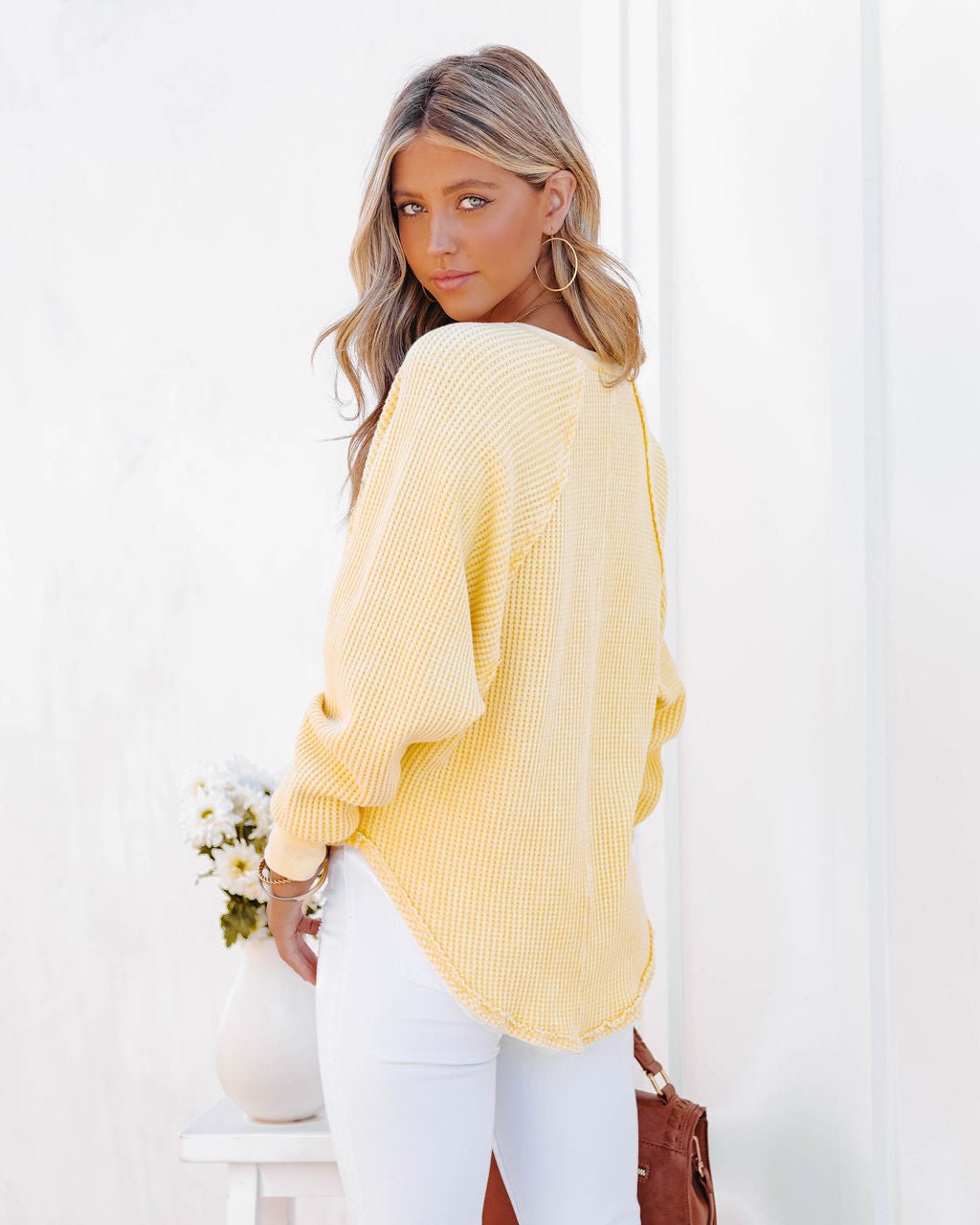 Lizabeth Cotton Thermal Knit Top - Yellow