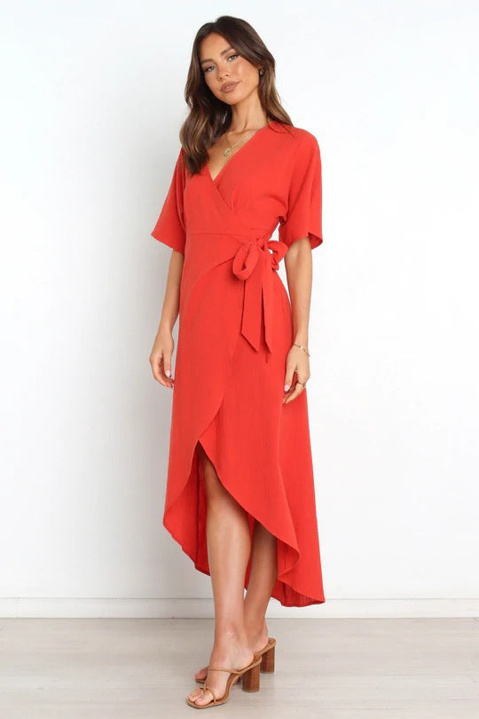 Bold Move Wrap Midi Dress - Red