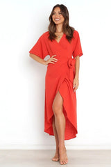 Bold Move Wrap Midi Dress - Red