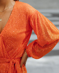 Overnight Sequin Drape Romper - Blazing Orange