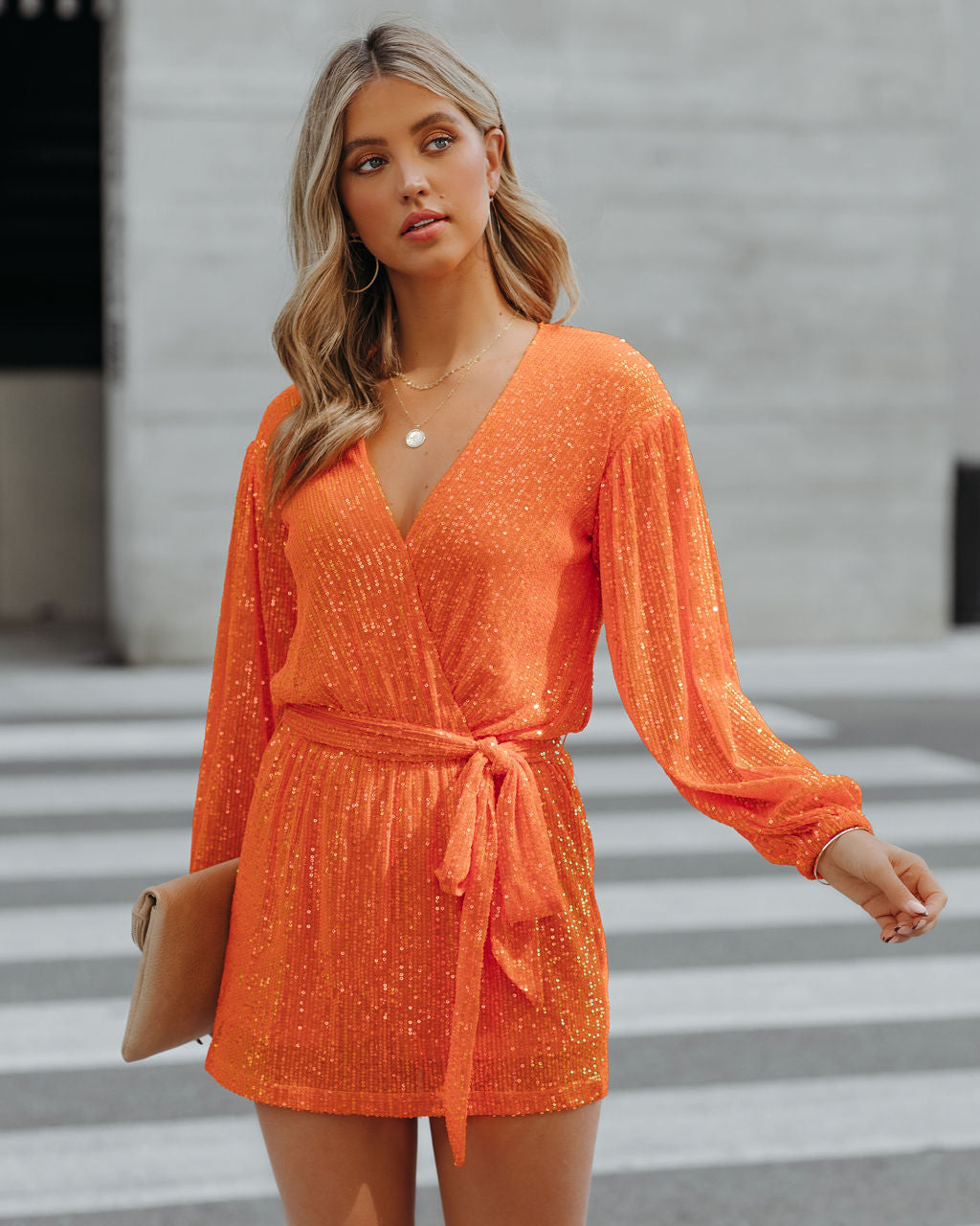 Overnight Sequin Drape Romper - Blazing Orange