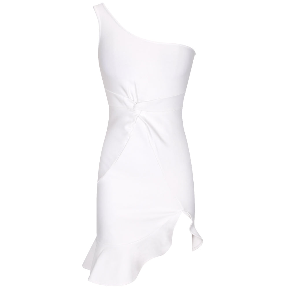 One Shoulder Twist Ruffle Trim Asymmetrical Hem Dress