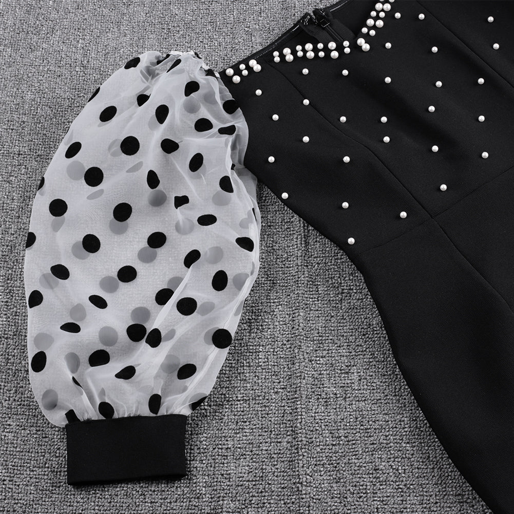 Square Collar Mid Sleeve Polka Dots Midi Bandage Dress