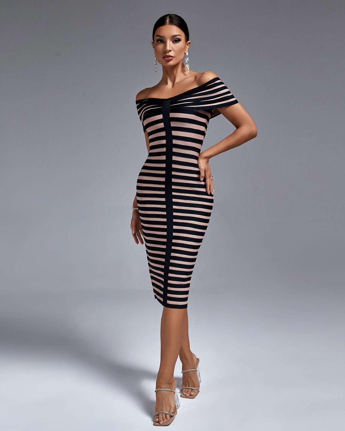 Black Stripe Off Shoulder Bandage Dress