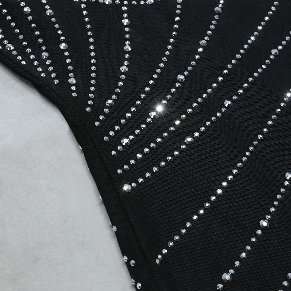 High Neck Long Sleeve Midi Rhinestone Bandage Dress
