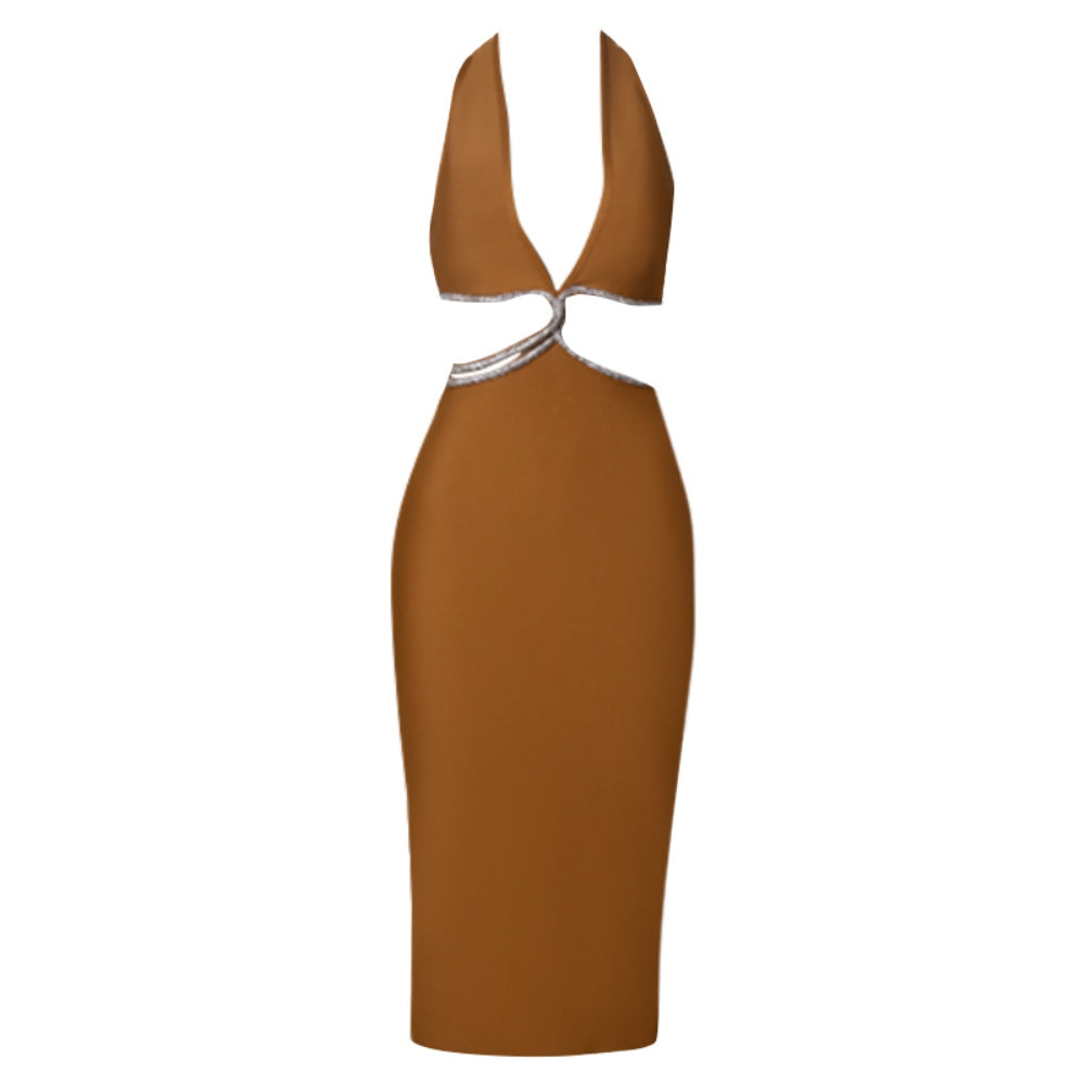 Halter Sleeveless Midi Rhinestone Bandage Dress