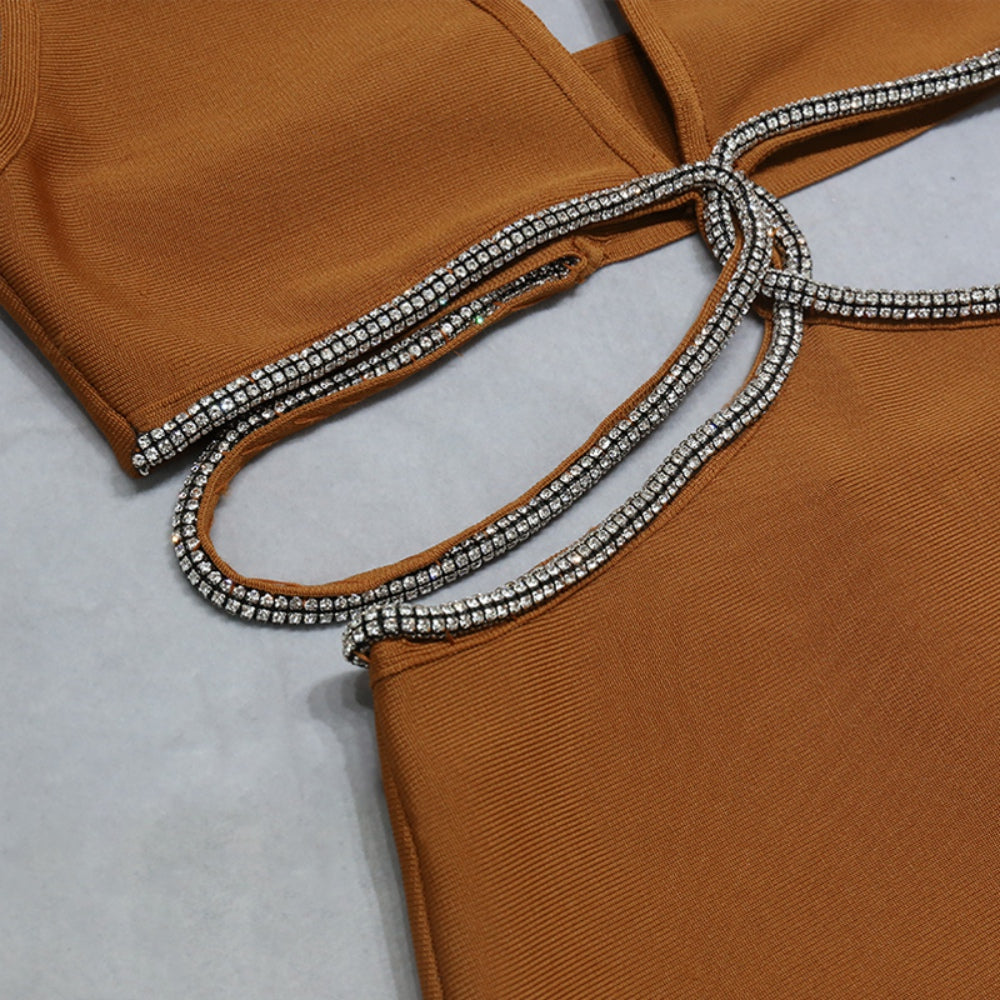 Halter Sleeveless Midi Rhinestone Bandage Dress