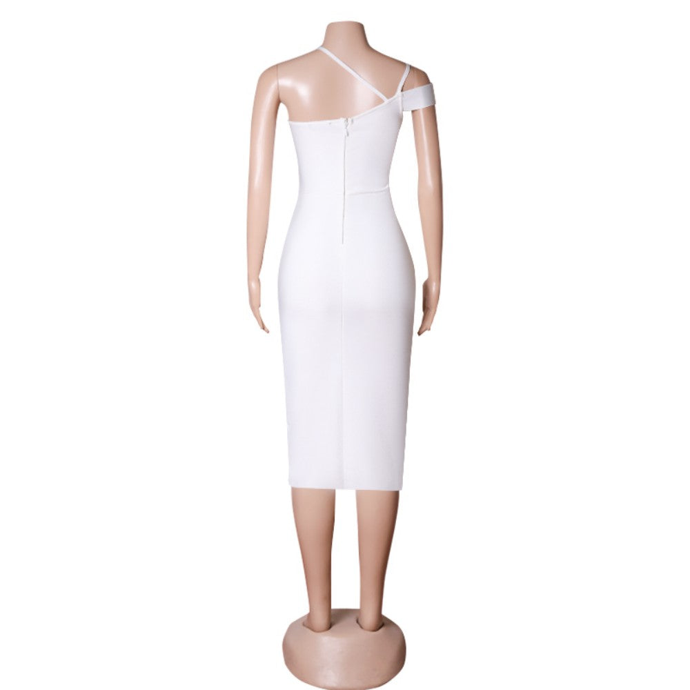 White Strappy Short Sleeve Midi Asymmetrical Bandage Dress