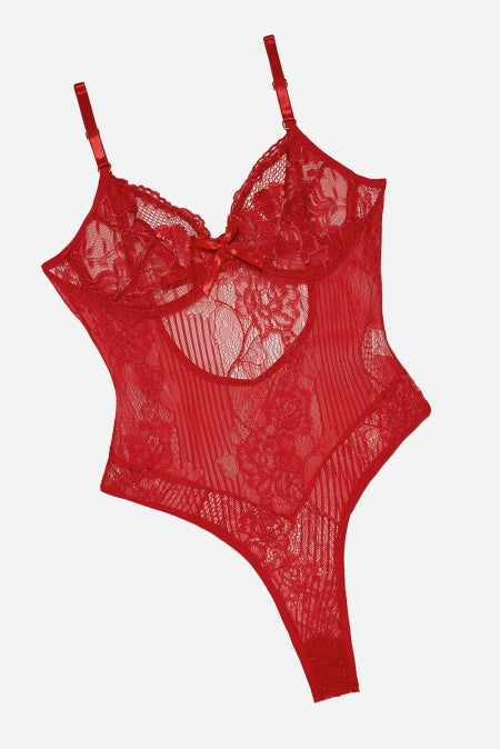 Red Yummy Scalloped Lace Teddy Lingerie